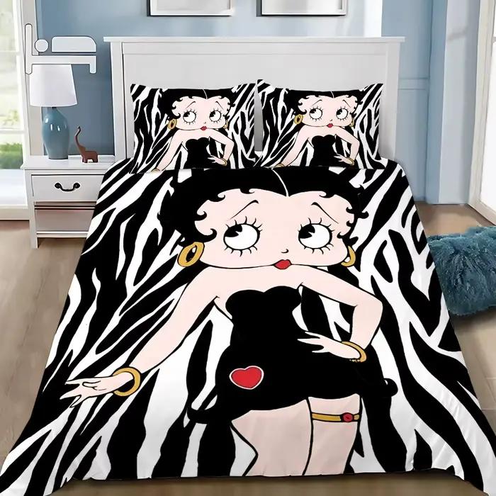 Parure de lit imprimée en 3D motif dessin animé Betty Boop – Housse de couette et taie d'oreiller pour lit simple/double/grand/grand très grand – Idéale pour la décoration de chambre des fans