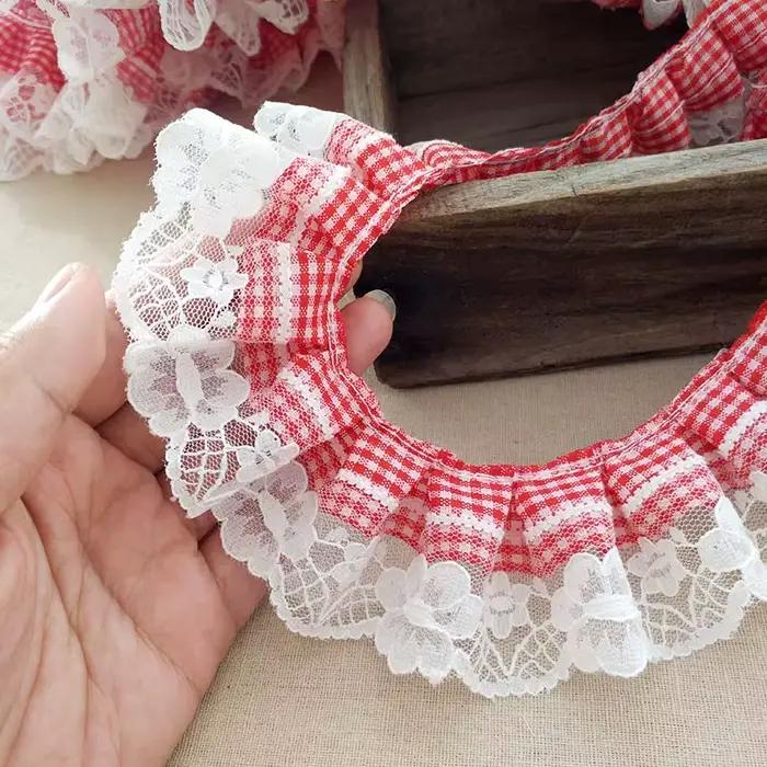 5CM de large nouveau rouge blanc Plaid plissé dentelle 3d fleurs ruban brodé à volants garniture bricolage vêtements cheveux accessoires couture à la maison