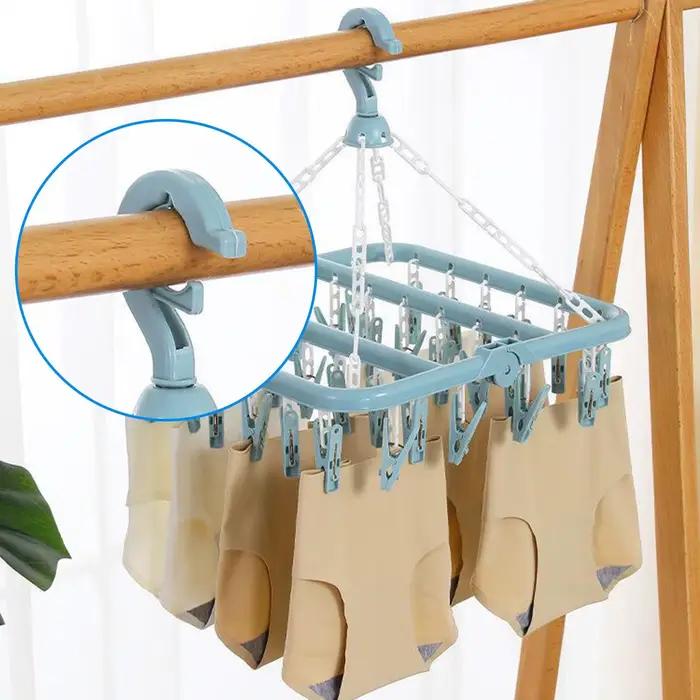 Séchoir à sous-vêtements pliable avec 32 pinces pivotantes anti-vent pour chaussettes