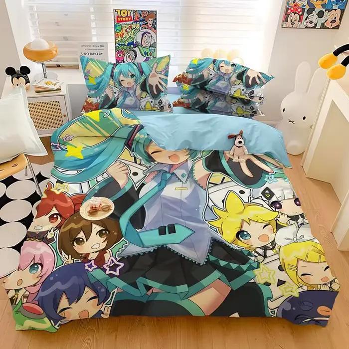 Ensemble de housse de couette Miku pour adultes et enfants, ensemble de literie japonais manga Hatsune Miku avec taies d'oreiller 50x75cm, plusieurs tailles