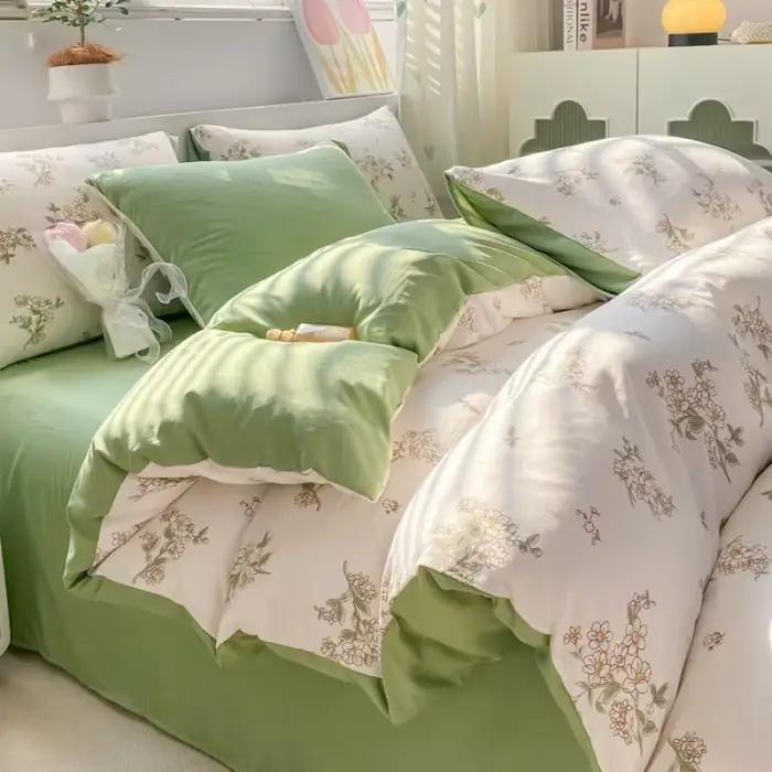 Parure de lit en coton lavé à motif floral, ensemble de literie 100% coton doux, housse de lit athlon, taie d'oreiller, simple, double, reine, roi, été, 2024
