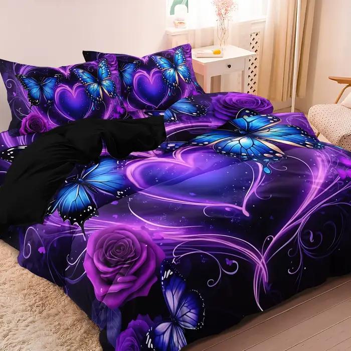    Ensemble de housse de couette violet avec motif de cœur de rêve, de rose et de papillon, impression haute définition, adapté à la décoration de chambre à coucher, de dortoir et d'hôtel, 3 pièces