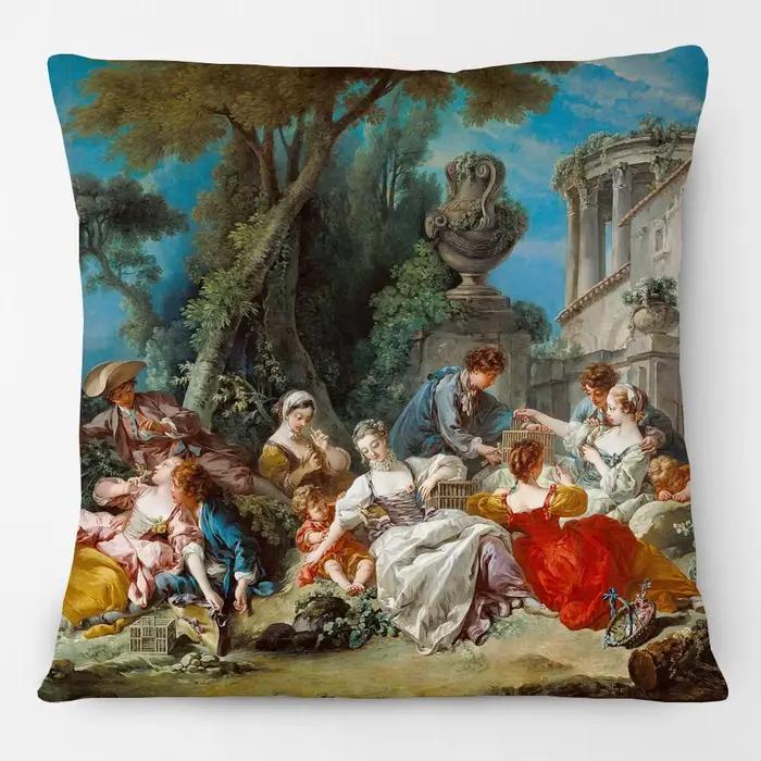 Housse de coussin décorative avec peinture de portrait d'art Rococo européen de François Boucher, motif les attrape-oiseaux, pour canapé