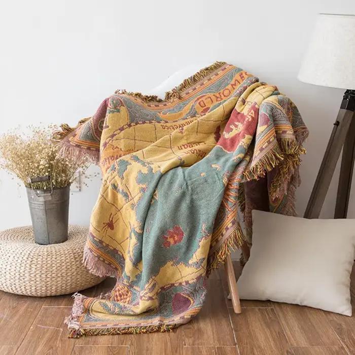 Couverture bohème en coton avec carte du monde pour la maison