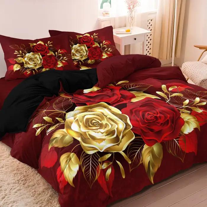 Ensemble de literie 3 pièces avec housse de couette imprimée roses rouges romantiques - Comprend 1 housse de couette et 2 taies d'oreiller, parfait pour toutes les saisons