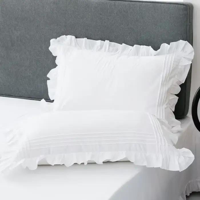 Lot de 2 taies d'oreiller blanches en coton 100% avec volants froncés