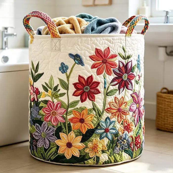 Panier à linge matelassé floral bohème