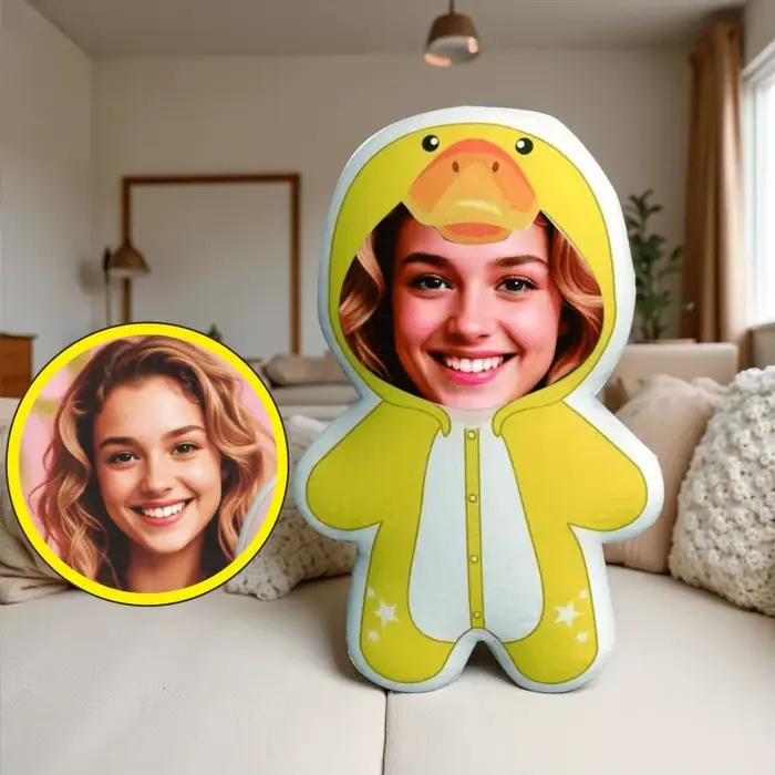 Coussin en peluche canard jaune personnalisé avec visage personnalisable