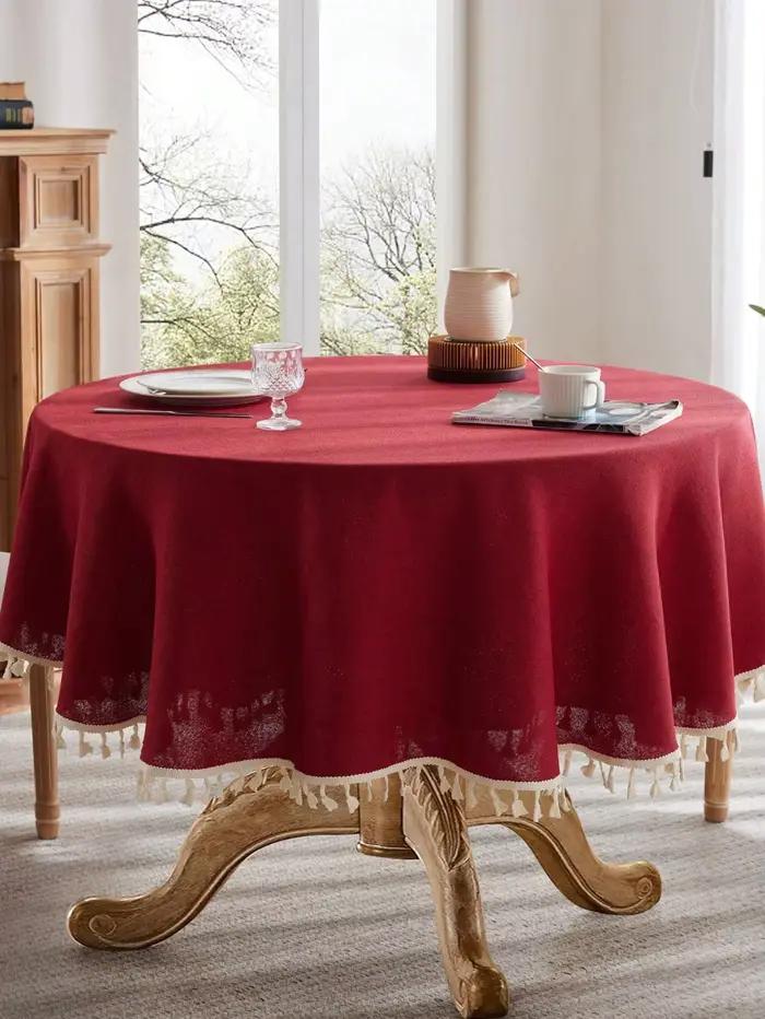 Nappe ronde en lin avec dentelle à pompons