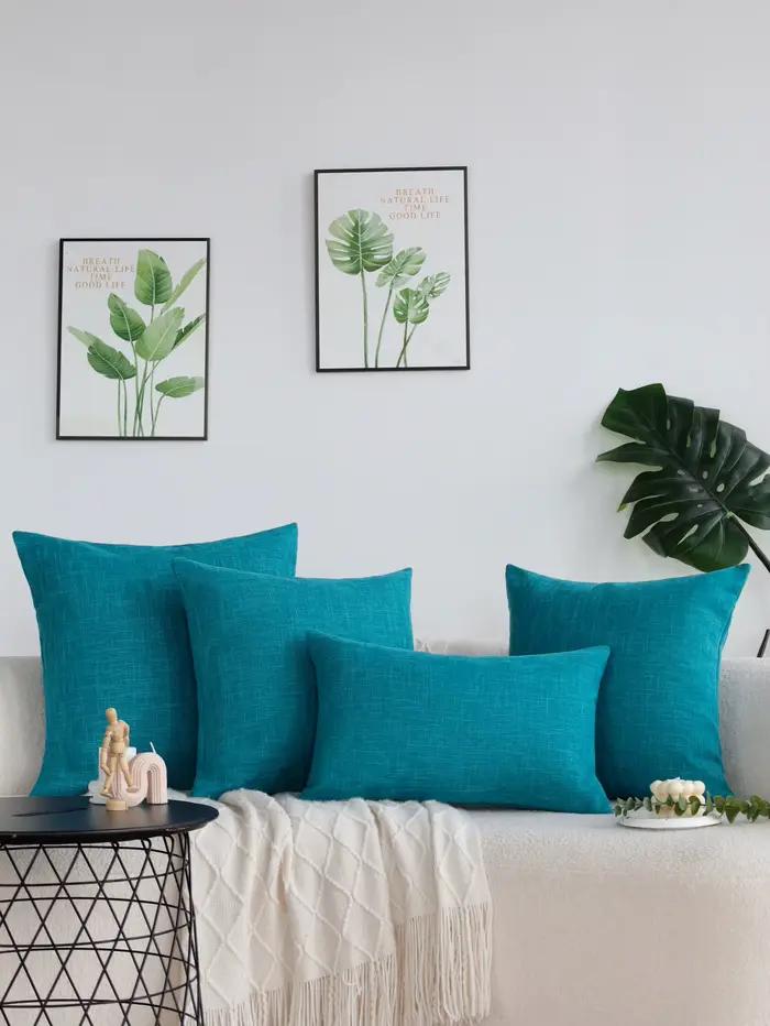 Juste de coussin en lin bleu lac pour la maison