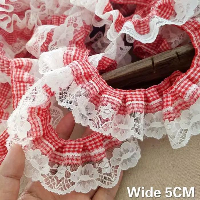 5CM de large nouveau rouge blanc Plaid plissé dentelle 3d fleurs ruban brodé à volants garniture bricolage vêtements cheveux accessoires couture à la maison