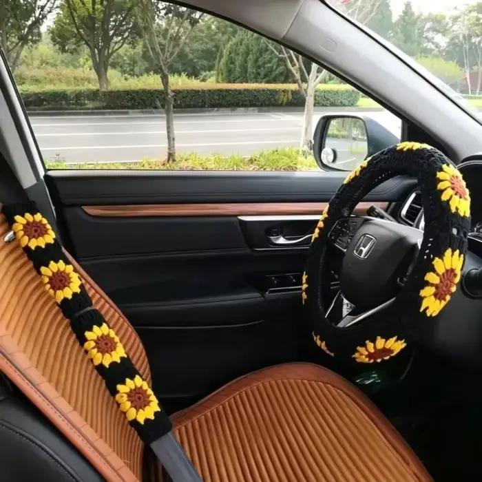 Housse de volant en crochet chaud antidérapante avec fleurs, simple et élégante, pour l'hiver, accessoire pour volant et ceinture de sécurité de voiture