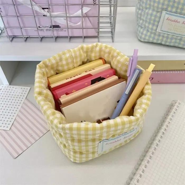 Panier de rangement en tissu à carreaux et rayures