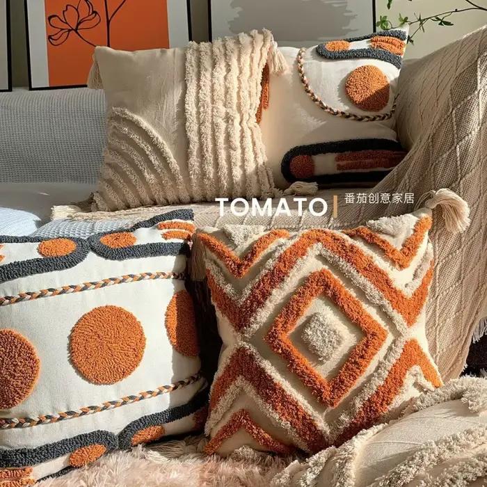 Housse de coussin bohème, pompon brodé à géométrie, taie d'oreiller longue, décoration de salon, canapé, maison, personnalisée