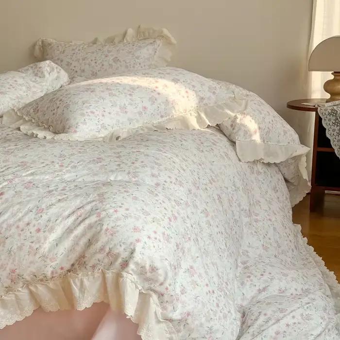 100% coton Double couche fil froissé Vintage dentelle florale volants ensemble de literie housse de couette drap/drap-housse taies d'oreiller 4 pièces