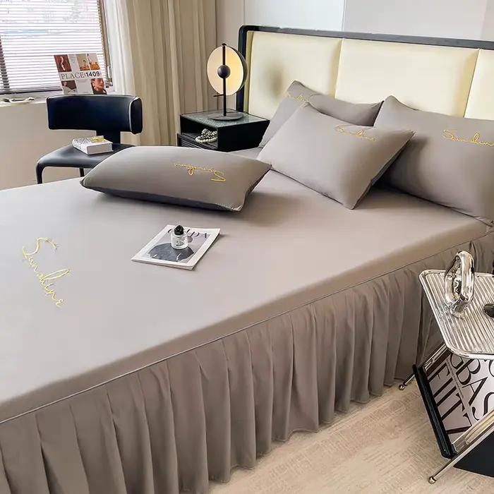 Bonenjoy Jupe de lit douce Housse de lit brodée Couvre-lit de couleur unie Linge de lit queen size rsi(Forme d'oreiller Besoin de commande)