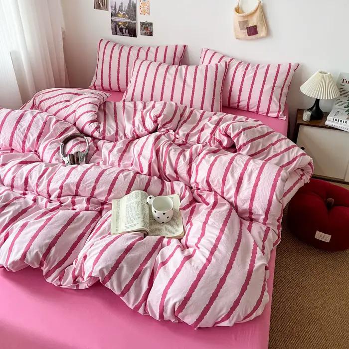Ensemble de housse de couette rayée rose simple