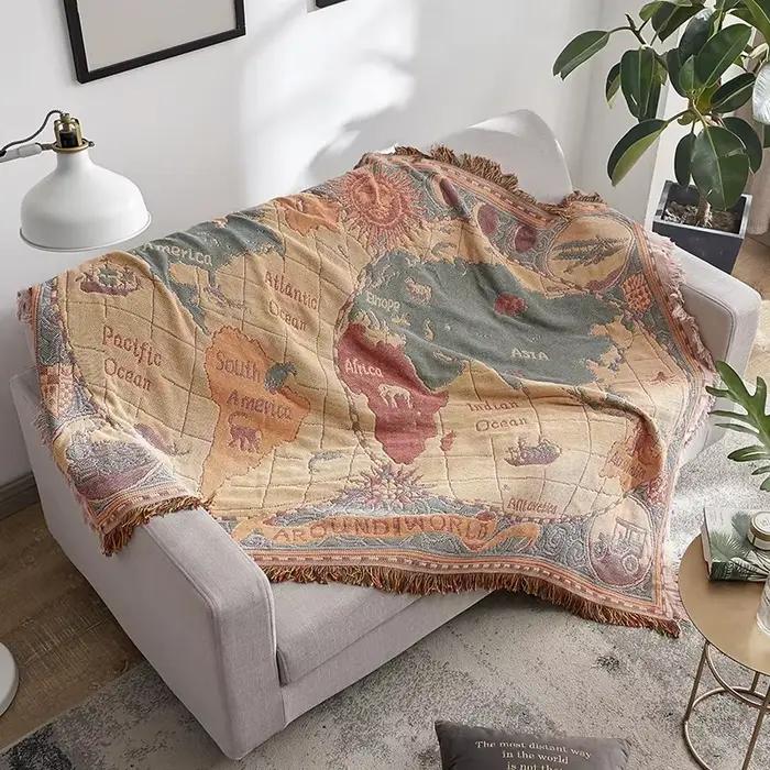Couverture bohème en coton avec carte du monde pour la maison