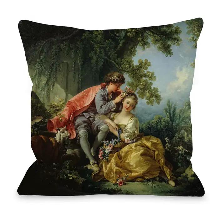 Housse de coussin décorative avec peinture de portrait d'art Rococo européen de François Boucher, motif les attrape-oiseaux, pour canapé