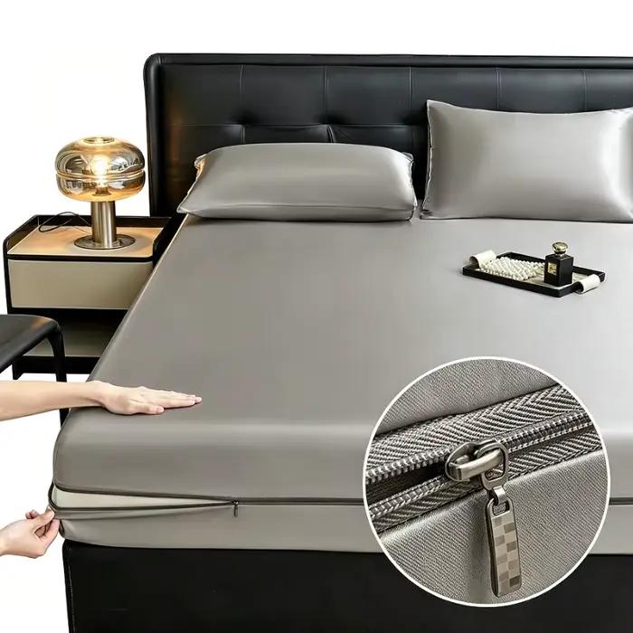 Housse de matelas 6 côtés avec fermeture éclair, protection de matelas de luxe en satin rafraîchissant anti-poussière, housse de matelas intégrale à poches profondes