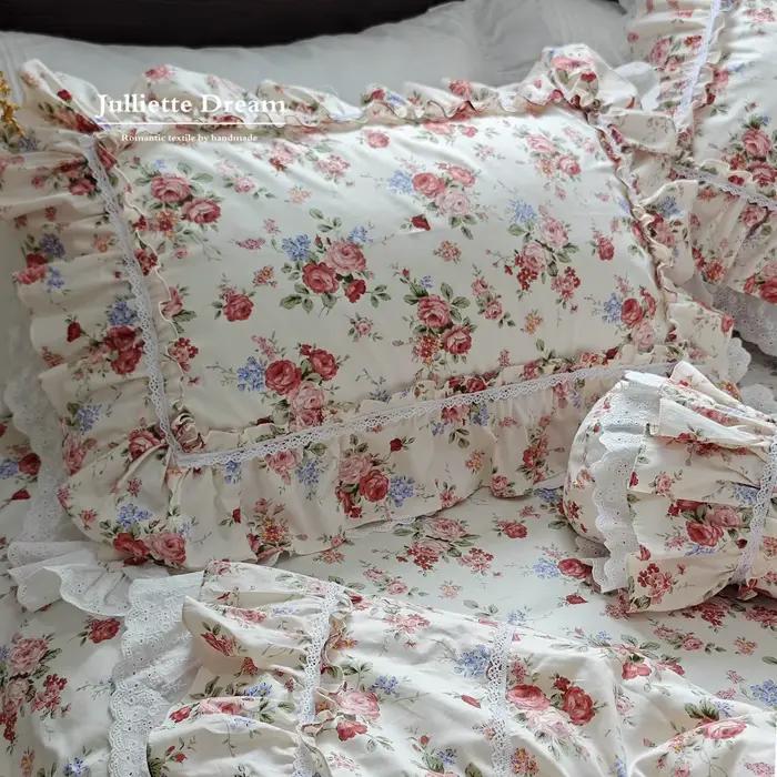 Parure de lit Princesse Rétro Française Style Rosette Manor avec Jupe de Lit à Volants