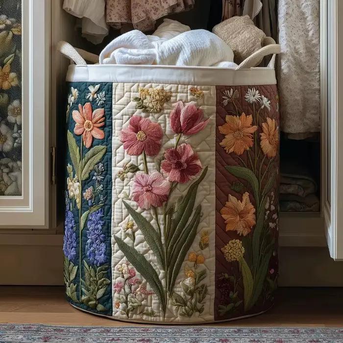 Panier à linge matelassé floral bohème