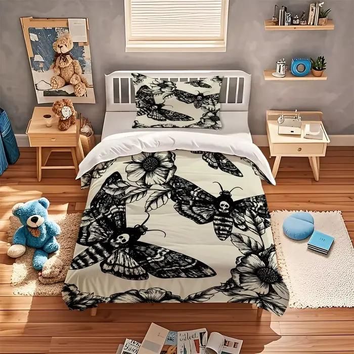 Parure de lit motif papillon gothique et fleur, imprimé crâne, en microfibre, pour décoration esthétique de chambre à coucher