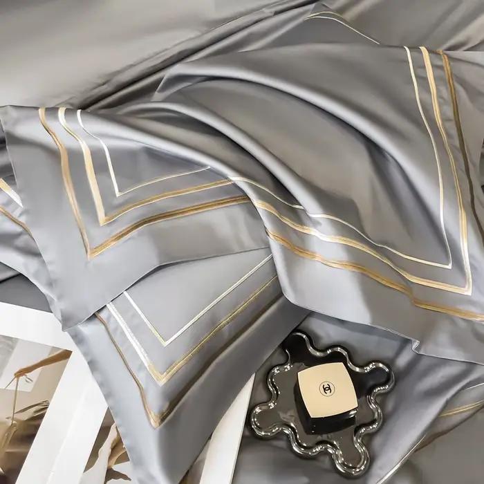 Parure de lit de Style hôtel, ensemble de literie de luxe avec broderie dorée, housse de couette, draps en coton égyptien gris, taies d'oreiller, vêtements de literie de couleur unie