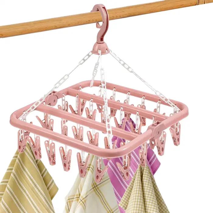 Séchoir à sous-vêtements pliable avec 32 pinces pivotantes anti-vent pour chaussettes