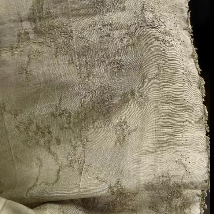 Vert sauge Vintage fleur de prunier oiseau teint Jacquard lin-coton texturé tissu artistique Style chinois Blouse robe en gros