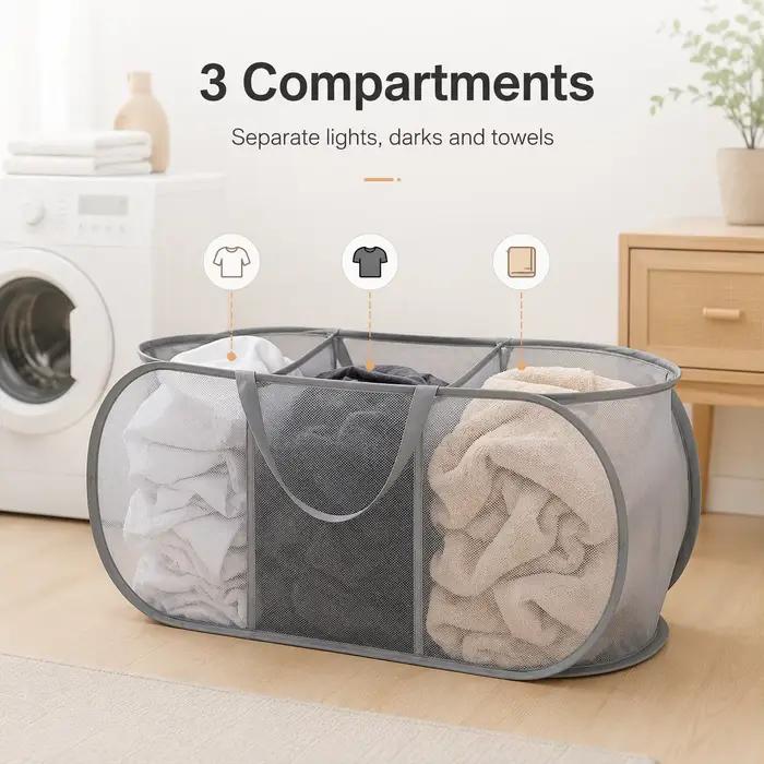 Panier à linge à 3 sections, panier à linge en maille, panier à linge en polyester avec poignées pour le rangement dans la chambre et la salle de bain