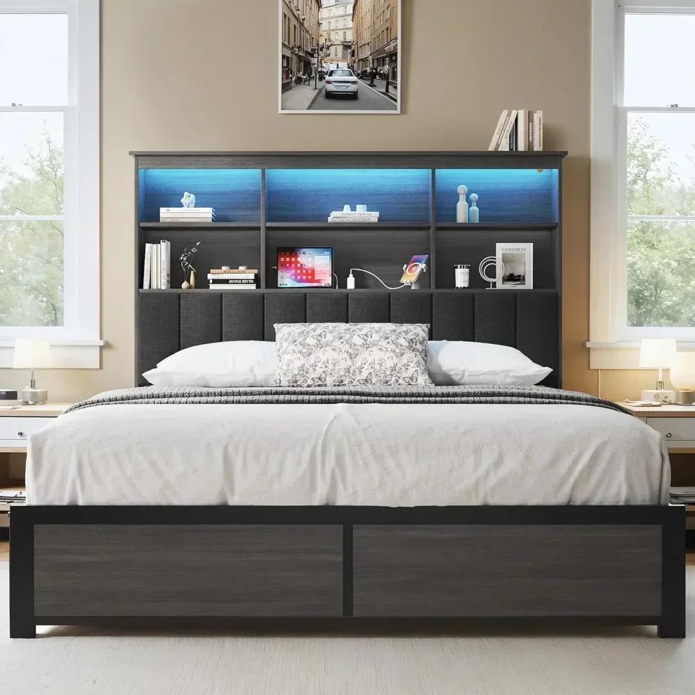 BestsellerHISOFT Cadre de lit Queen avec tête de lit de rangement, lit en bois avec bibliothèque hau