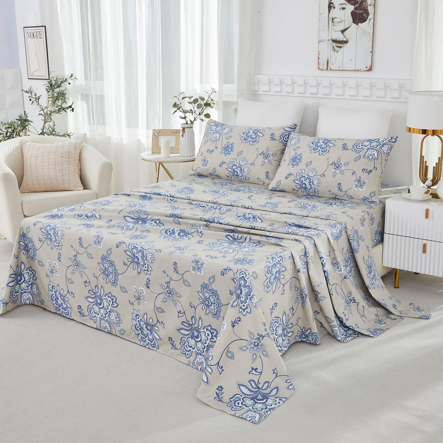 Ensemble de draps en coton égyptien 100% 600TC, 4 pièces, motif Paisley damassé bleu Boho, doux pour