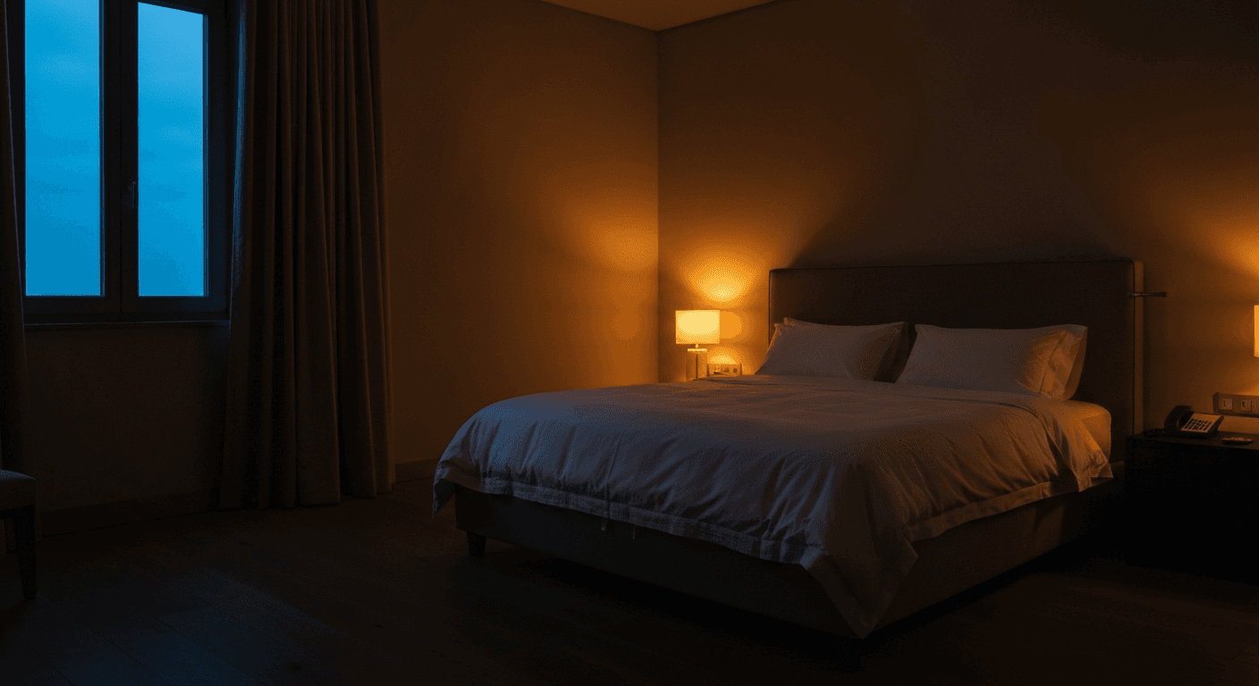 Chambre nuit avec lit fait, lampe de chevet ambrée et fenêtre crépusculaire
