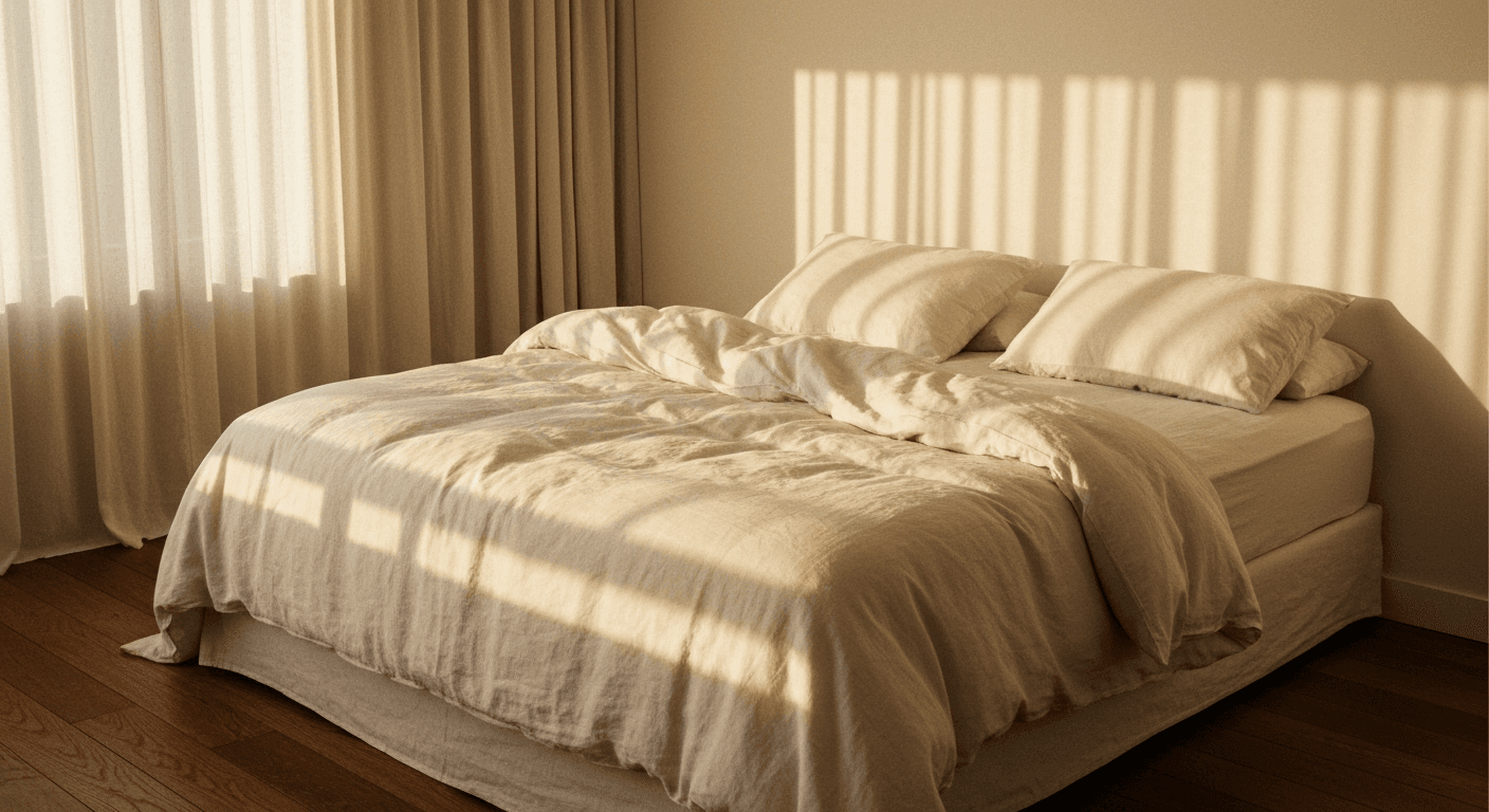 Lit défait à l'aube, draps de lin et duvet ivoire baignés de lumière dorée