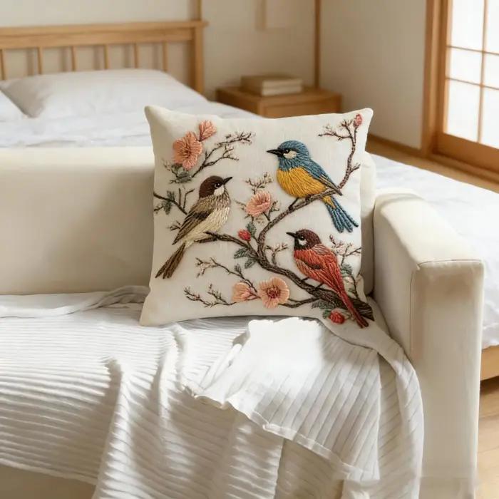 Housse de coussin vintage à motif floral et oiseaux, impression 2D, oiseau sur branche, pour canapé,
