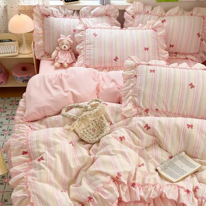 Ensemble de housse de couette seersucker rose 3 pièces (1 * housse de couette + 2 * taie d'oreiller,