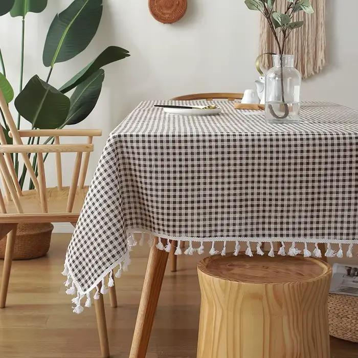 Petite nappe fraîche à carreaux nordique avec ourlet en dentelle, coton, lin, carte pour bureau, cou
