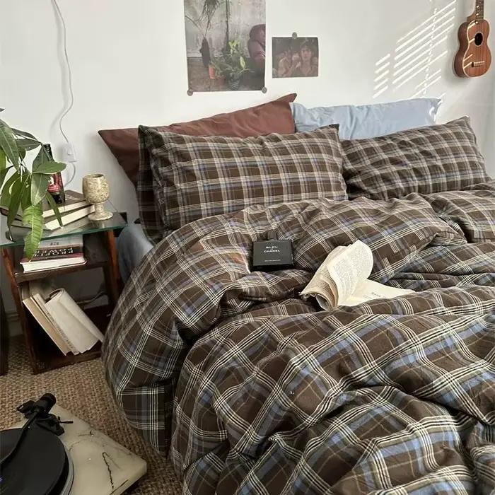 Parure de lit 4 pièces en coton lavable pour 2 chambres, ensemble simple 3 pièces avec drap, couette