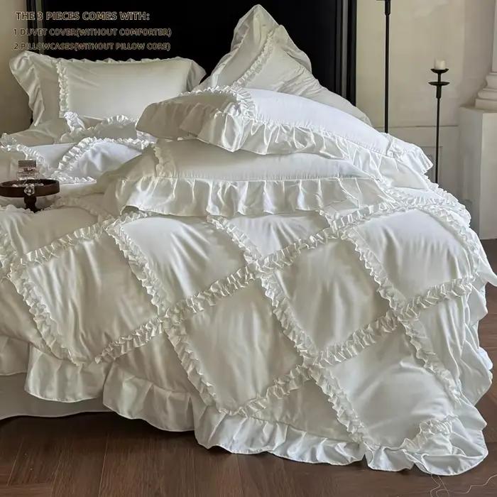 Ensemble de housse de couette à volants blancs et roses 3 pièces (1*Housse de couette + 2*Taies d'or