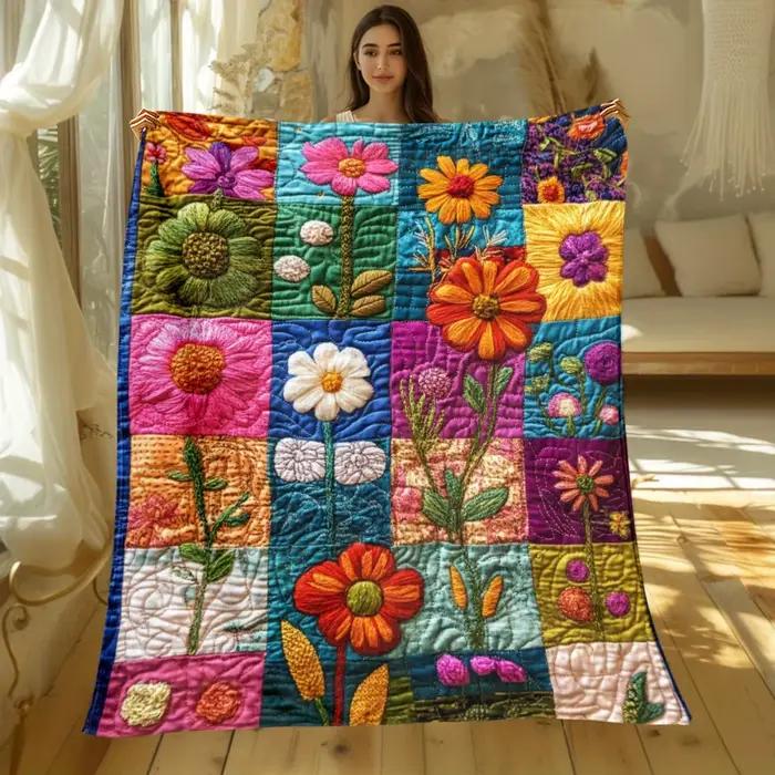 Couette florale colorée, couverture patchwork faite à la main, design de jardin de fleurs vintage, d