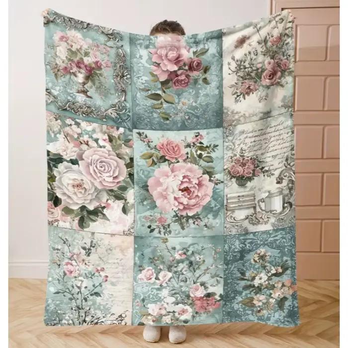 Couverture patchwork florale vintage du milieu du siècle, douce, confortable, chaude et polyvalente