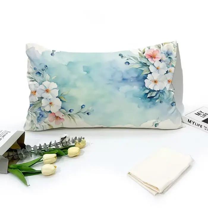 Taie d'oreiller aquarelle florale: bleu clair et blanc avec fleurs roses, housse de coussin pour cha