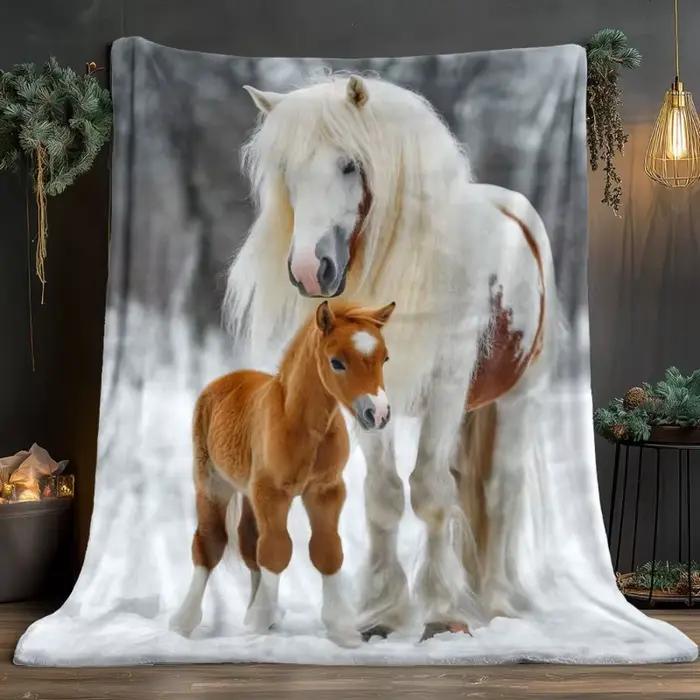 Couverture imprimée HD, motif cheval blanc et parcours dans la neige, en flanelle légère, pour canap