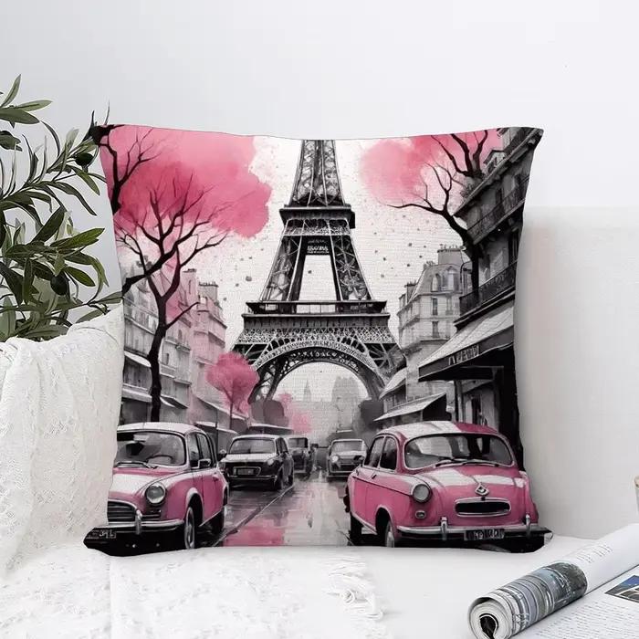 Taie d'oreiller imprimée double face Tour Eiffel, taie d'oreiller en tissu peluche, cadeaux ménagers