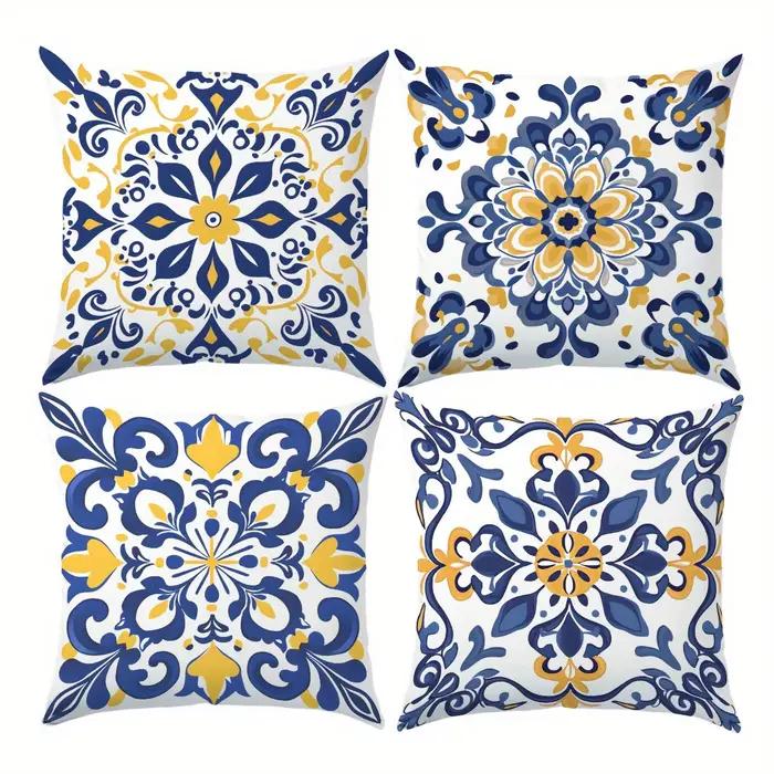 4 housses de coussin bohèmes bleu-vert-jaune, unilatérales, fermeture à glissière, polyester lavable