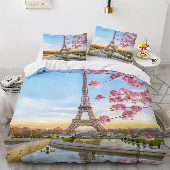 Tour Eiffel ensemble de housse de couette King Size Vintage beau bâtiment de renommée mondiale Sakura double