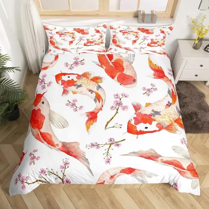 Ensemble de housse de couette poisson rouge japonais, ensemble de housse de couette fantaisie Yin Yang fleurs de cerisier, literie respirante vague de mer bleue