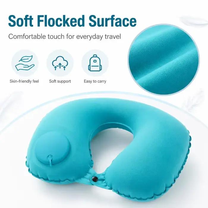 Oreiller de voyage gonflable portable en forme de U avec pompe à pression, coussin de soutien pour le cou en tissu floqué doux pour les voyages en avion, en train ou en voiture