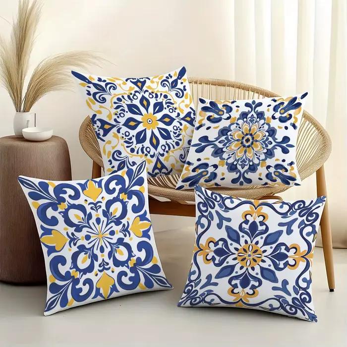 4 housses de coussin bohèmes bleu-vert-jaune